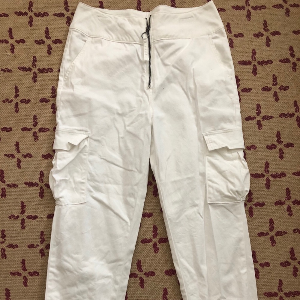 White Cinched Cargo Pants with O ring Zipper
